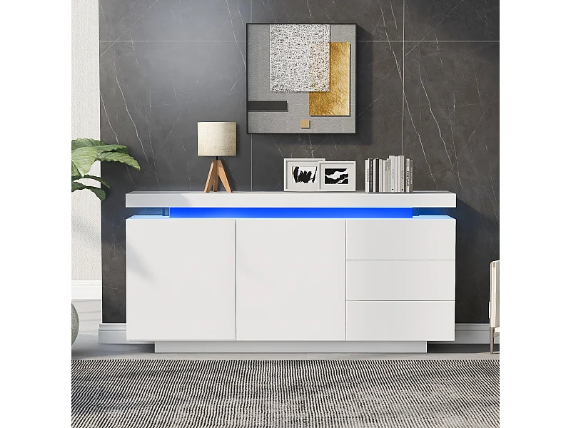 Buffet 140x35x72.5 cm salle à manger LED avec 2 portes 3 tiroirs - meuble de rangement - bois - blanc