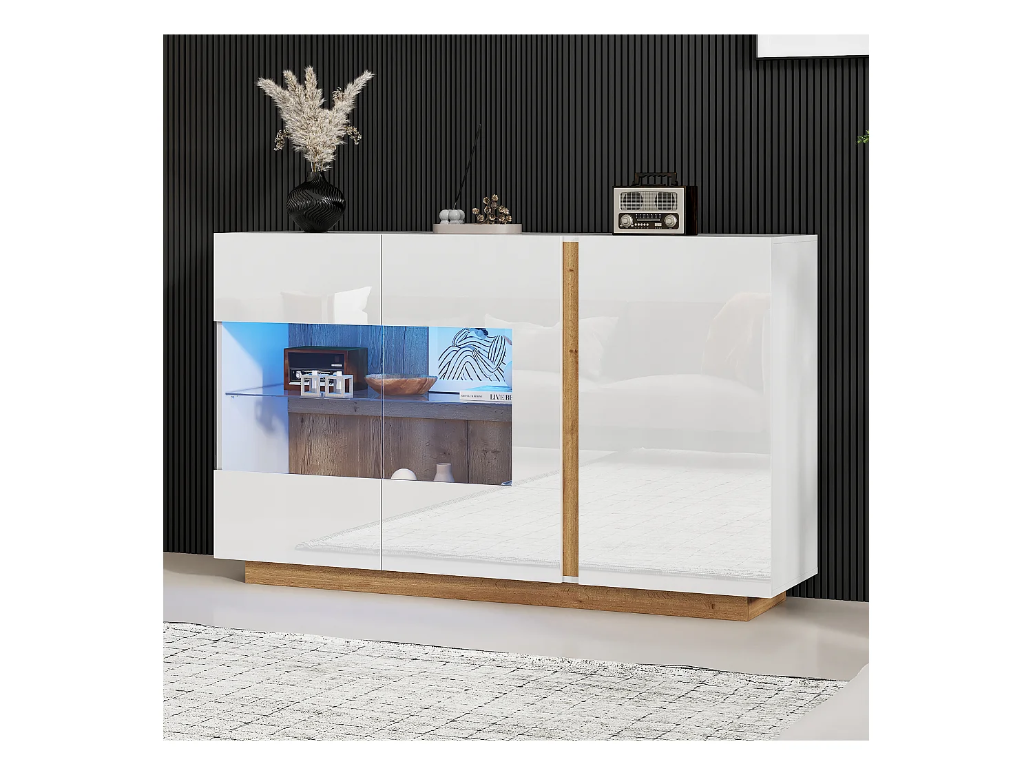 Buffet salle à manger LED avec 3 portes et verre décoratif - meuble de rangement - bois - blanc (138x38x90.5 cm)