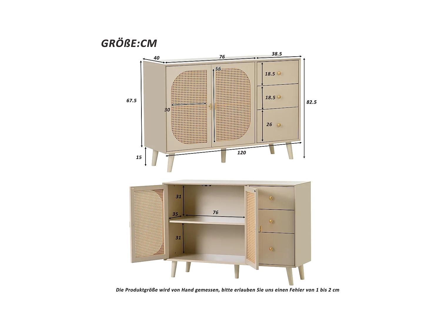Buffet salle à manger avec 2 portes en rotin 3 tiroirs - meuble de rangement - bois - crème (120x40x82.5 cm)