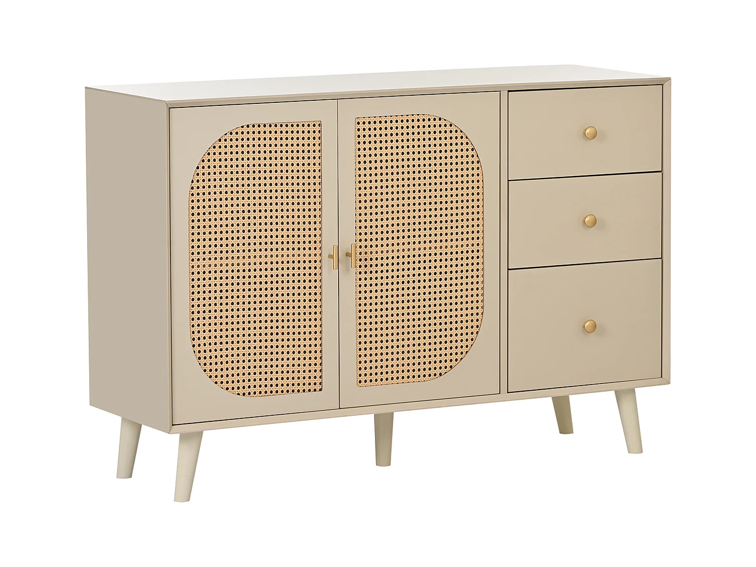 Buffet salle à manger avec 2 portes en rotin 3 tiroirs - meuble de rangement - bois - crème (120x40x82.5 cm)