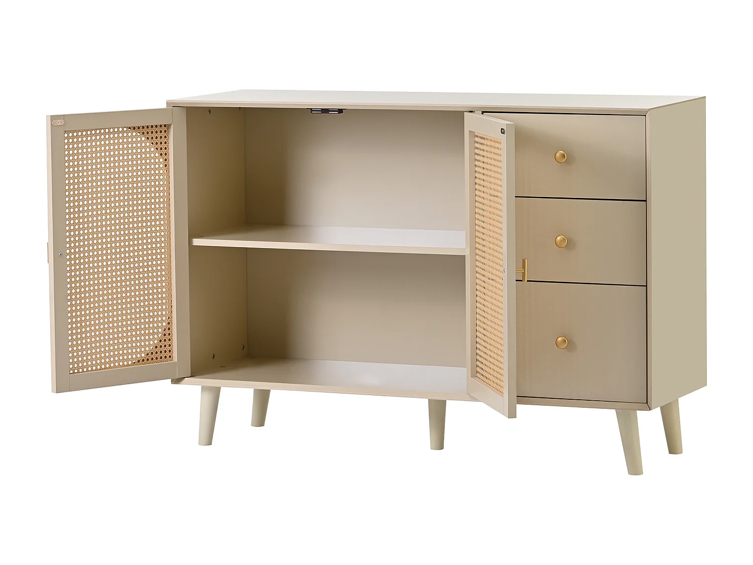 Buffet 120x40x82.5 cm avec 2 portes en rotin 3 tiroirs - meuble de rangement - bois - crème