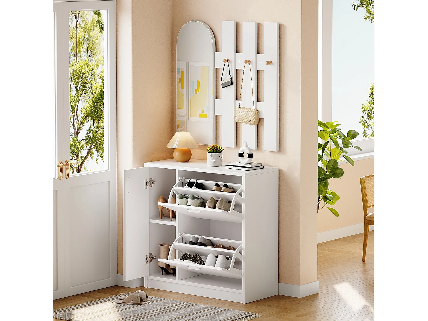 Meuble à chaussures 80x35x80 cm avec 1 porte et 2 compartiments rabattables avec miroir et crochets - bois - blanc