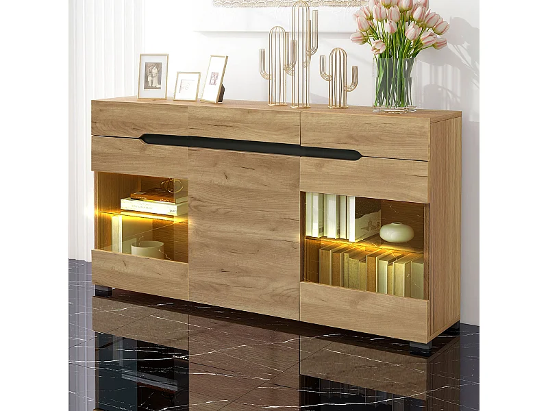 LED eetkamer dressoir met 3 deuren, 3 laden en decoratief glas - opbergmeubel - hout - bruin (140x35x80 cm)