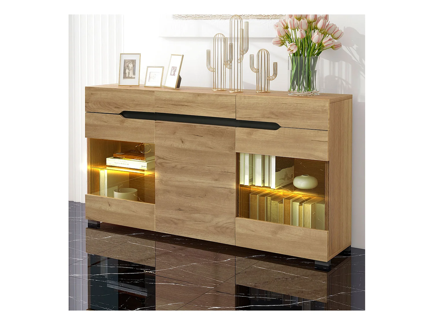 Buffet 140x35x80 cm LED avec 3 portes 3 tiroirs et verre décoratif - meuble de rangement - bois - marron