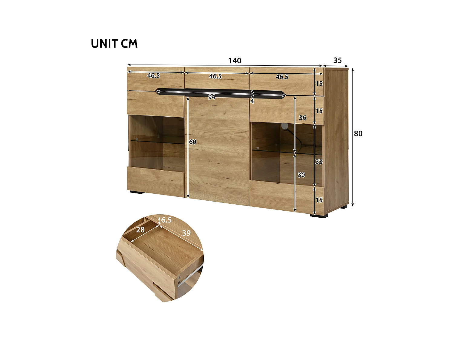Buffet 140x35x80 cm LED avec 3 portes 3 tiroirs et verre décoratif - meuble de rangement - bois - marron