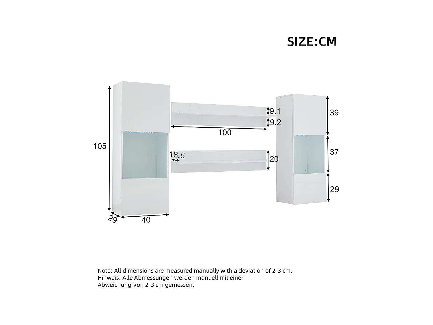 Meuble TV 40x29x105 cm avec 2 vitrines led et 2 étagères - décoration verre avec rangement - bois - blanc