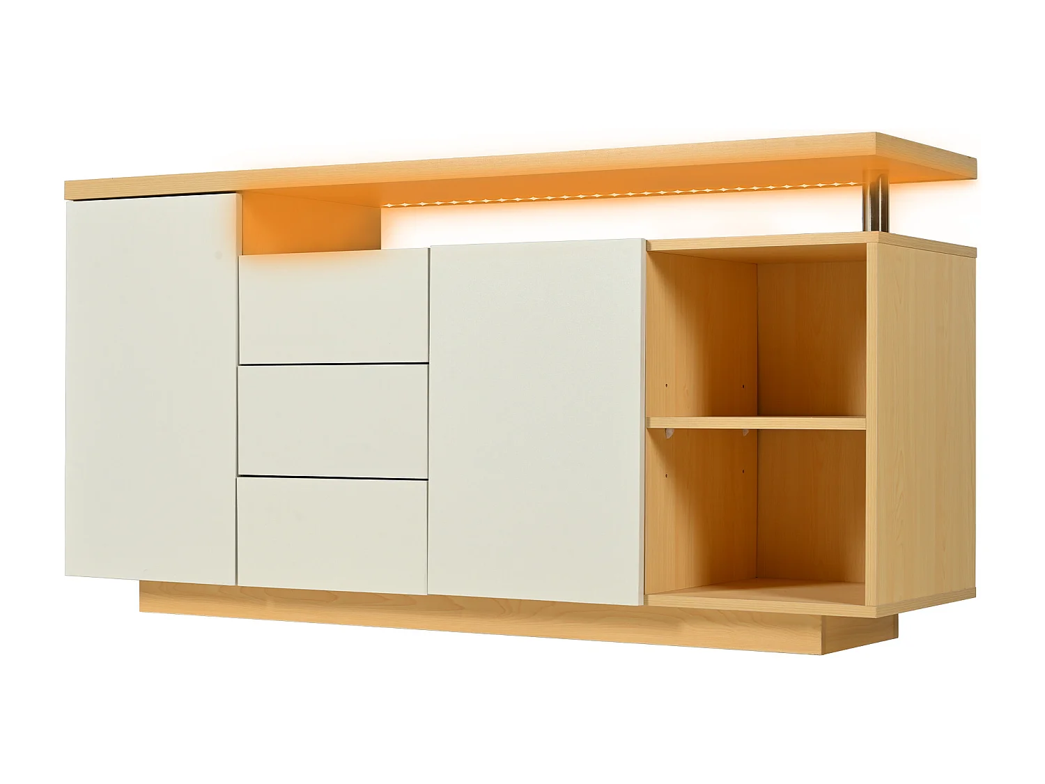 Buffet 140x40x70 cm LED avec 2 portes 3 tiroirs et rangement ouvert - meuble de rangement en bois - blanc
