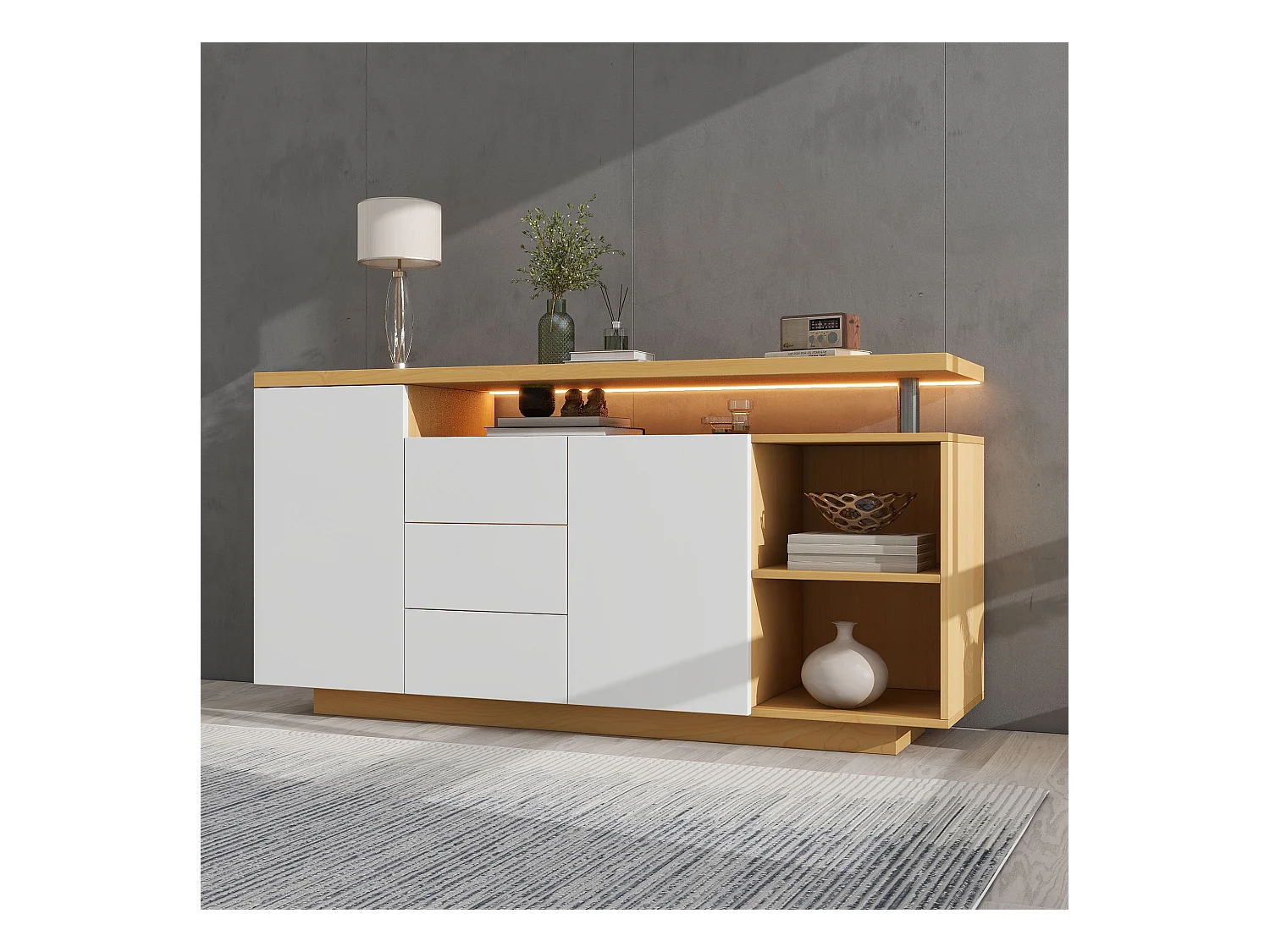 Buffet salle à manger LED avec 2 portes 3 tiroirs et rangement ouvert - meuble de rangement en bois - blanc (140x40x70 cm)