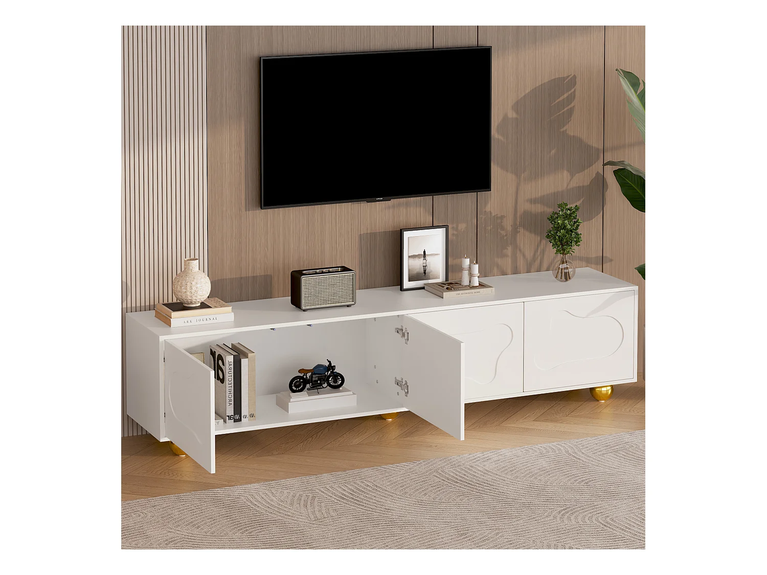Meuble tv 180x40x45cm bois mignon cartoon avec 4 portes et rangement - pieds en métal - blanc