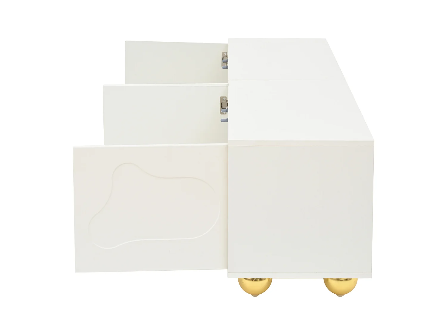 Meuble tv 180x40x45cm bois mignon cartoon avec 4 portes et rangement - pieds en métal - blanc