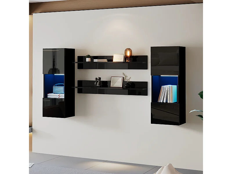 Mur TV avec avec 2 vitrines led et 2 étagères - décoration verre avec rangement - bois - noir (40x29x105 cm)