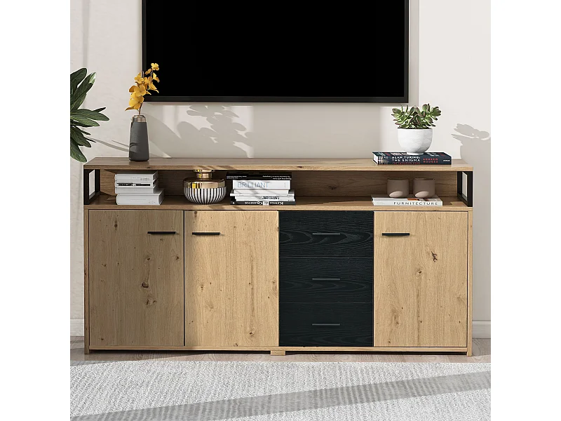 Eetkamer dressoir met 3 deuren en 3 opbergladen - metalen handgrepen - hout - bruin (150x35x75,9 cm)