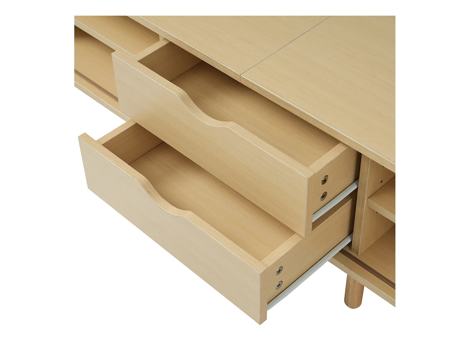 Meuble tv 175x40x42cm salon avec 2 tiroirs et rangement ouvert - plateau ovale mdf - chêne