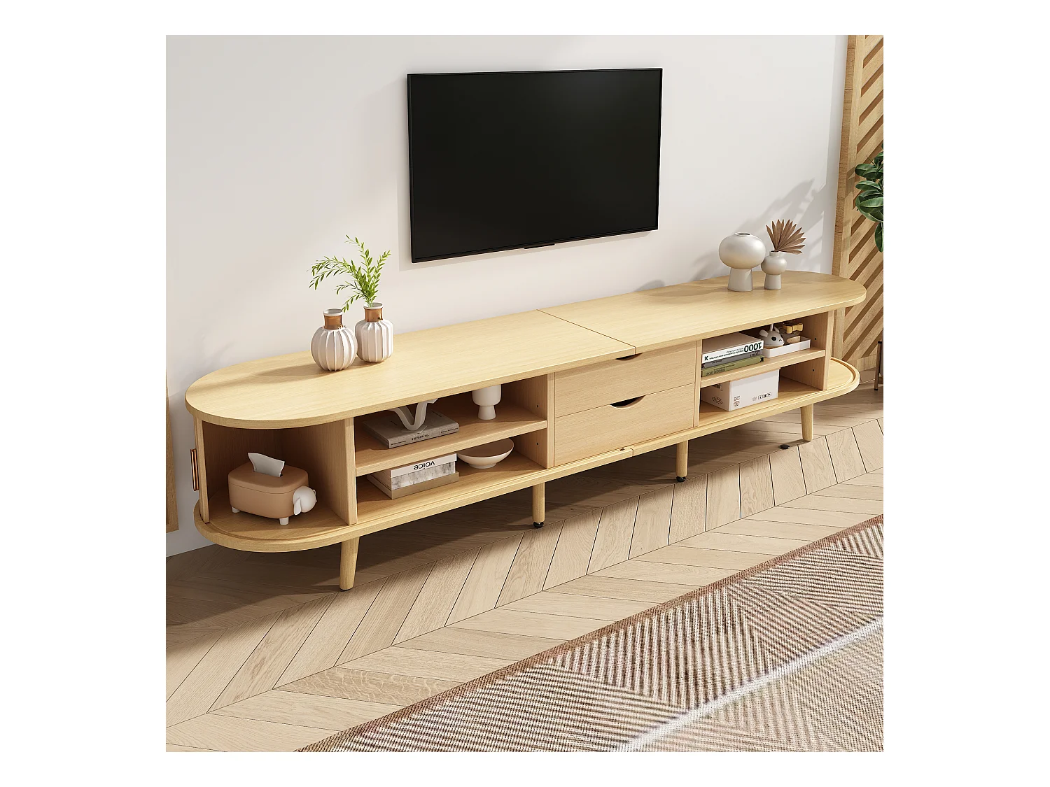Meuble tv salon avec 2 tiroirs et rangement ouvert - plateau ovale mdf - chêne (175x40x42cm)