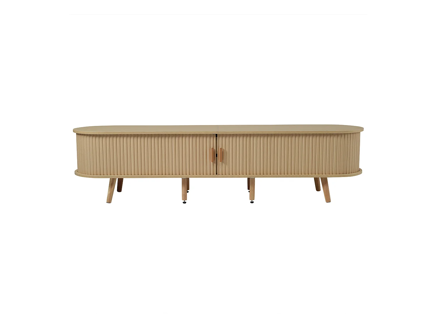 Meuble tv salon avec 2 tiroirs et rangement ouvert - plateau ovale mdf - chêne (175x40x42cm)