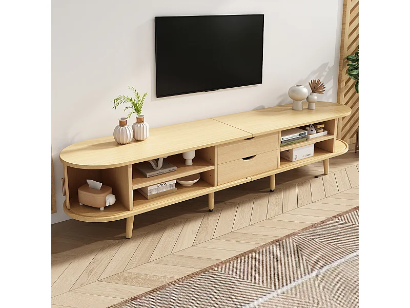 Woonkamer TV-meubel met 2 lades en open opbergruimte - ovaal MDF-blad - eiken (175x40x42cm)