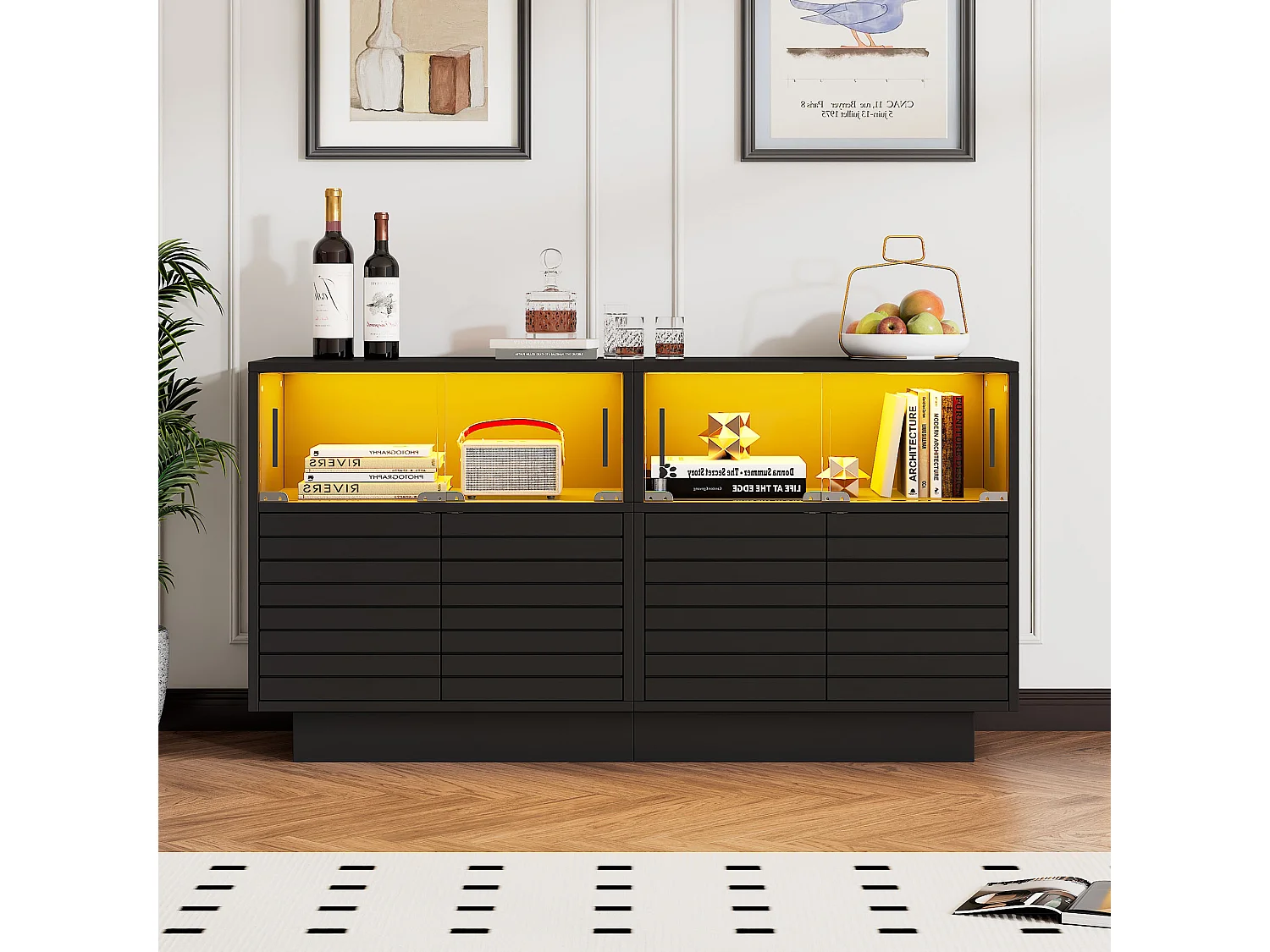 Buffet LED avec 4 portes et 4 portes vitrées - meuble de rangement en bois - noir (130x35x68 cm)