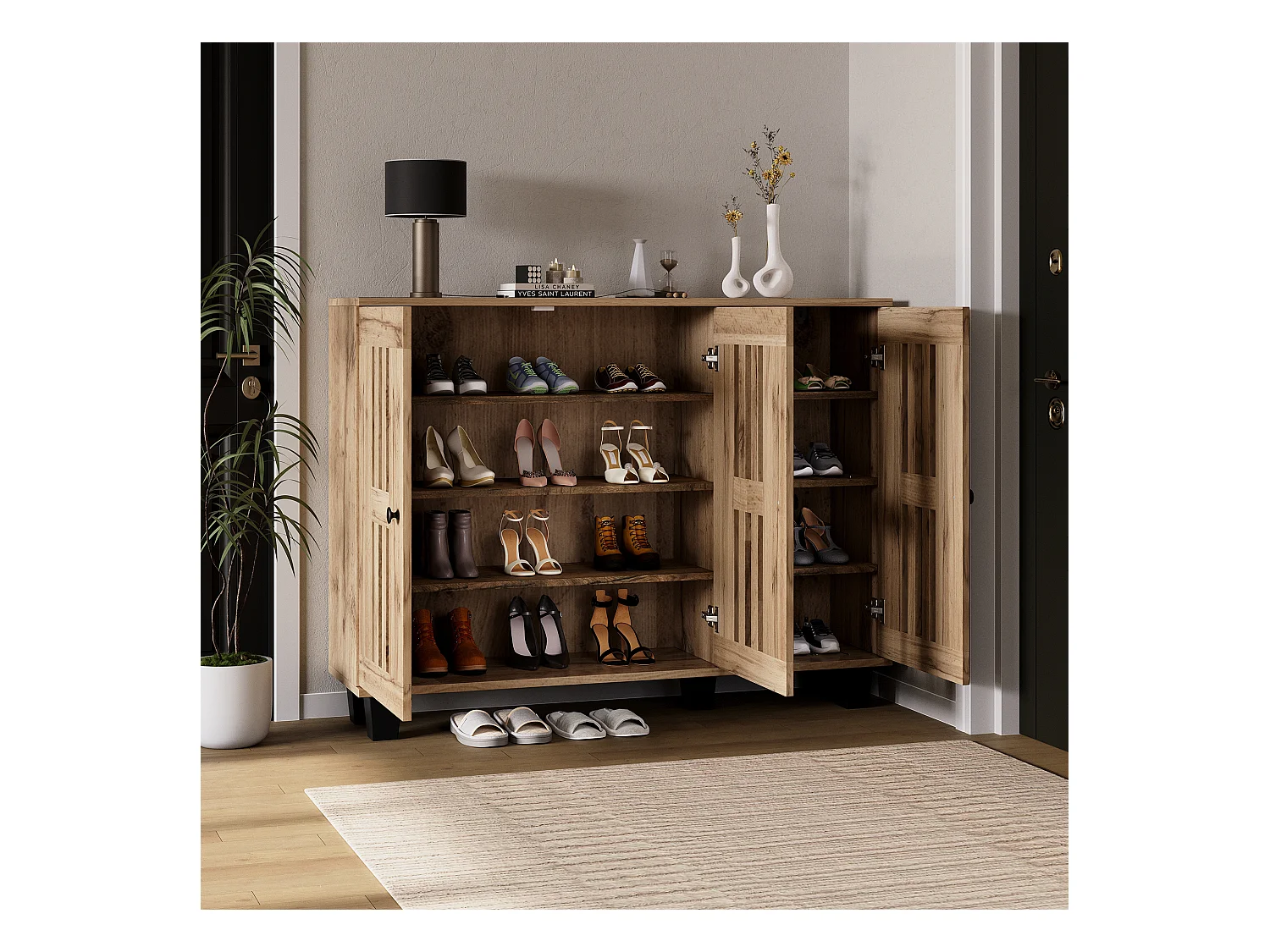 Buffet 120x32x92 cm LED avec 3 portes - meuble de rangement en bois - marron