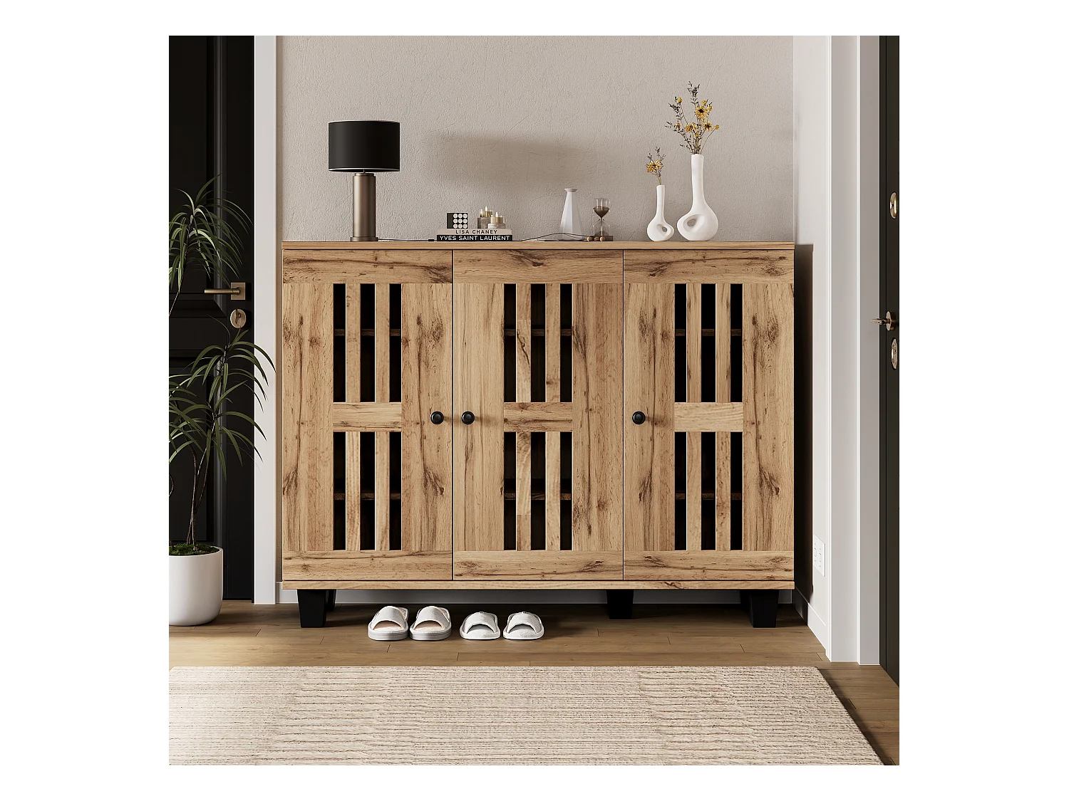 Buffet 120x32x92 cm LED avec 3 portes - meuble de rangement en bois - marron