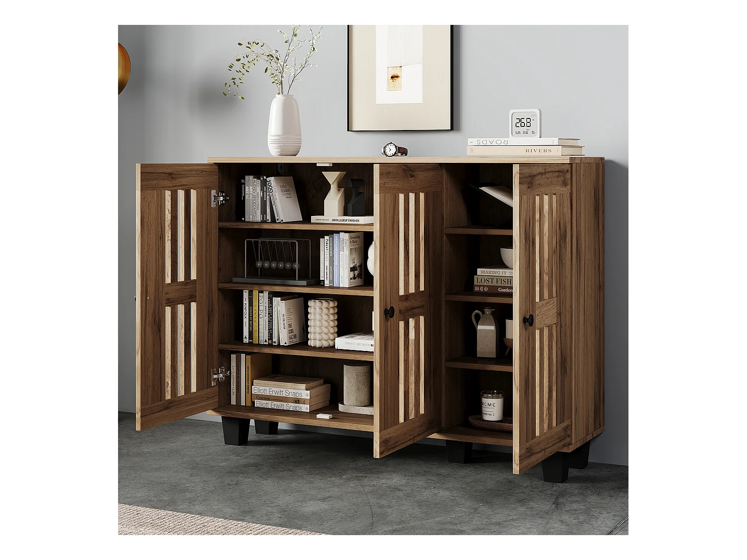 Buffet 120x32x92 cm LED avec 3 portes - meuble de rangement en bois - marron
