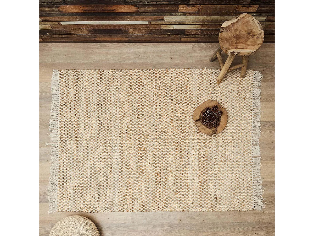 Tapis Rectangulaire 120x170cm en Toile de Jute Tressée Naturelle avec Franges - KEROA