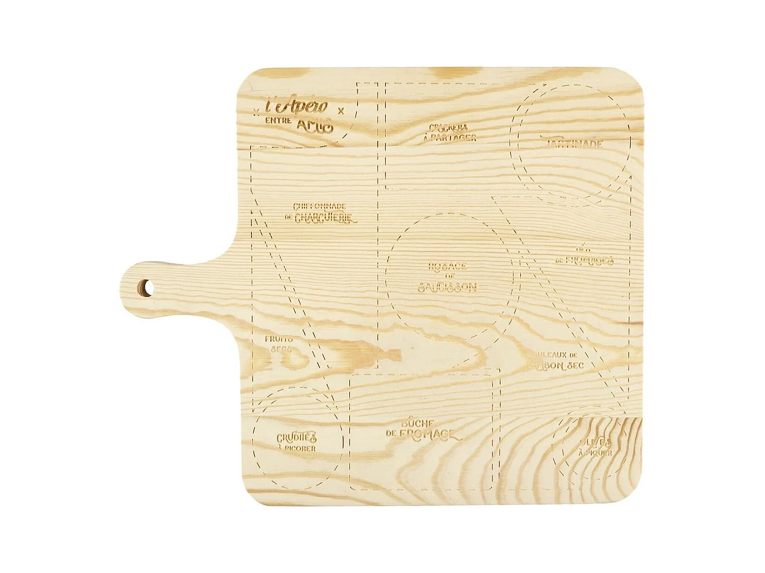 Planche de présentation apéritive en bois avec emplacements personnalisés