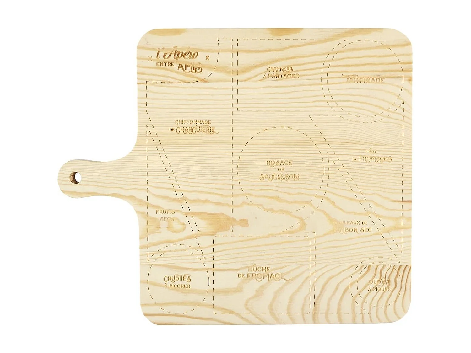 Planche de présentation apéritive en bois avec emplacements personnalisés