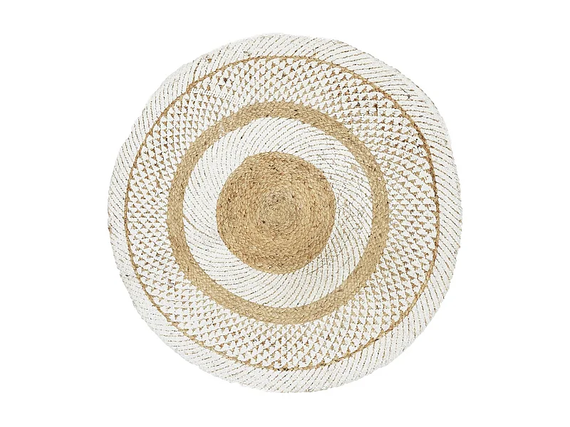 Tapis Rond Ø90cm Jute Tressée Naturelle Imprimé Géométrique Blanc - TINGA