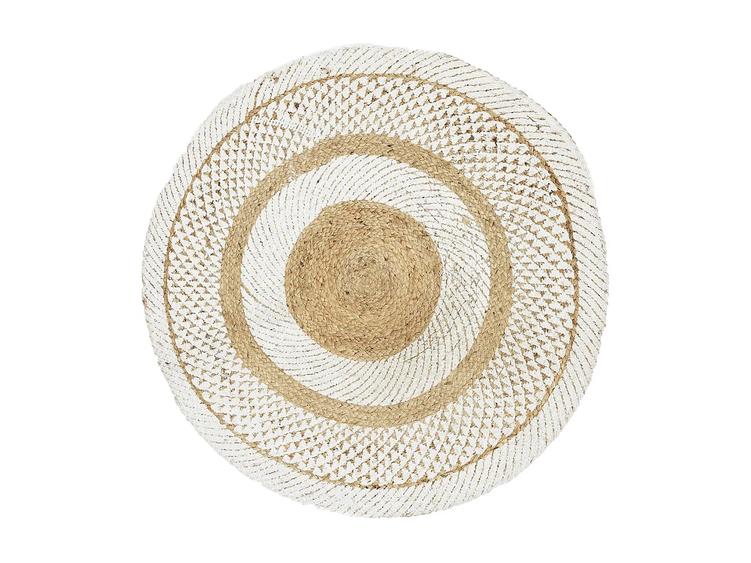 Tapis Rond Ø90cm Jute Tressée Naturelle Imprimé Géométrique Blanc - TINGA