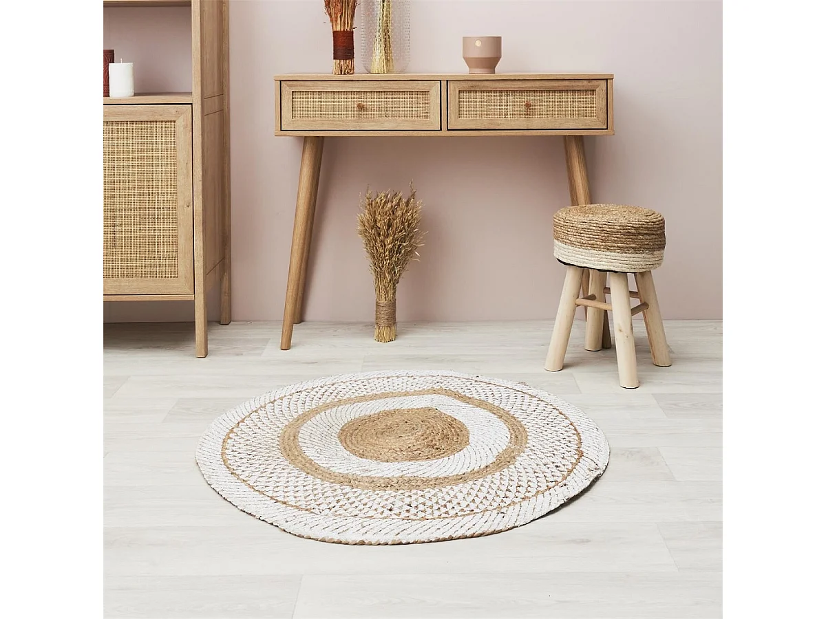 Tapis Rond Ø90cm Jute Tressée Naturelle Imprimé Géométrique Blanc - TINGA