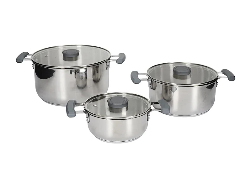 Ensemble de 3 faitouts tous feux dont induction en inox avec couvercles en verre 3 tailles 17, 21 et 25 cm