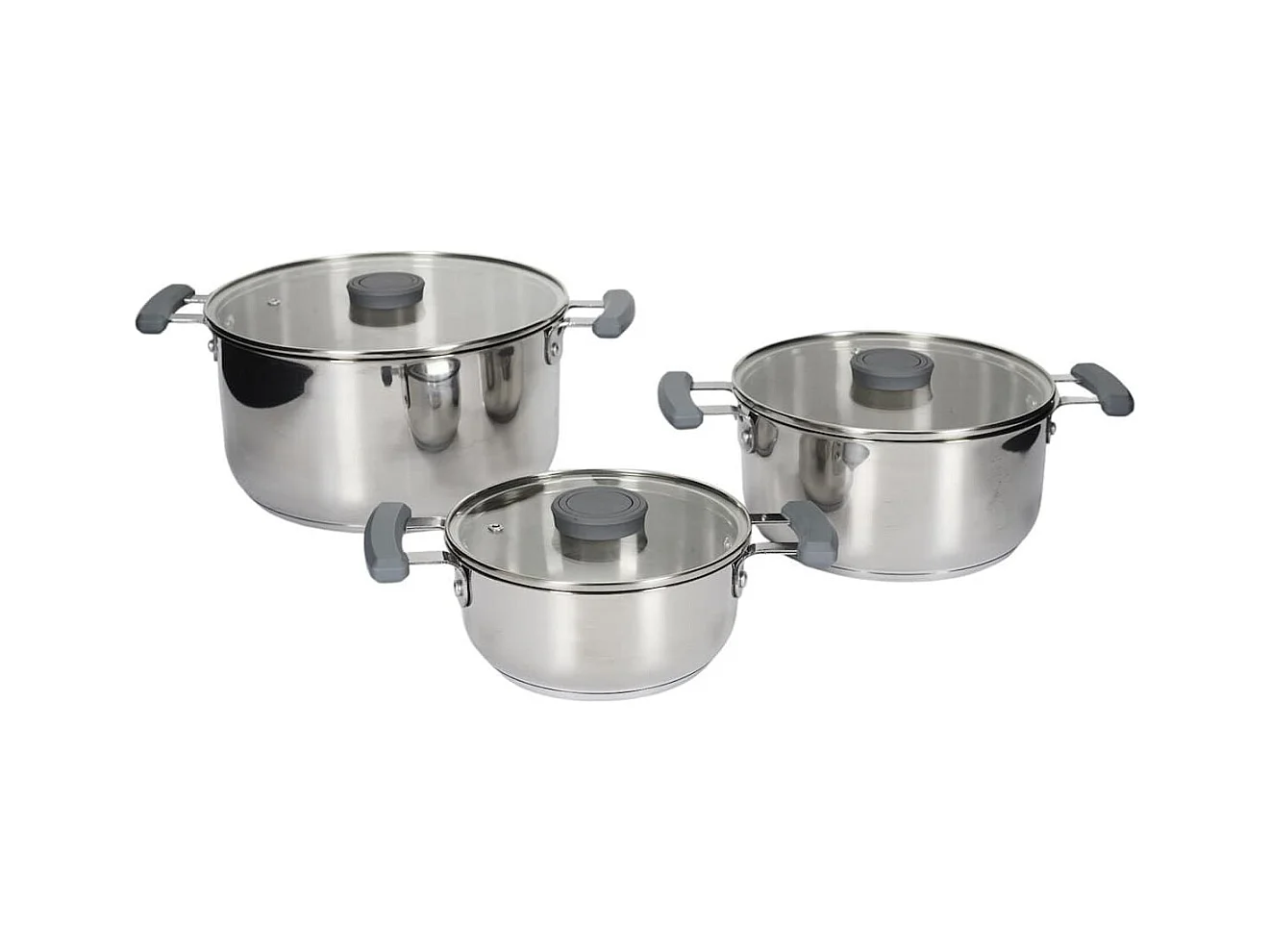 Ensemble de 3 faitouts tous feux dont induction en inox avec couvercles en verre 3 tailles 17, 21 et 25 cm