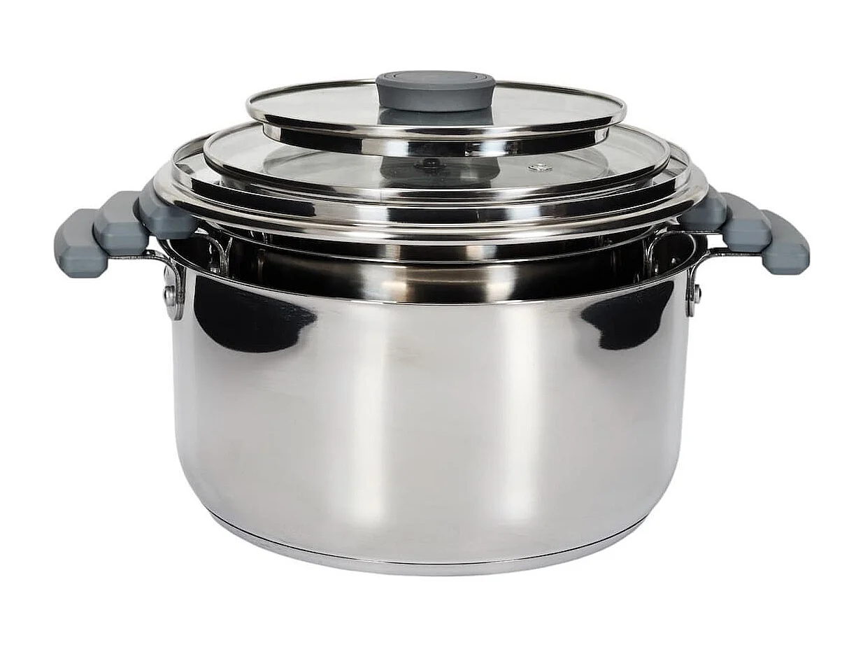 Ensemble de 3 faitouts tous feux dont induction en inox avec couvercles en verre 3 tailles 17, 21 et 25 cm