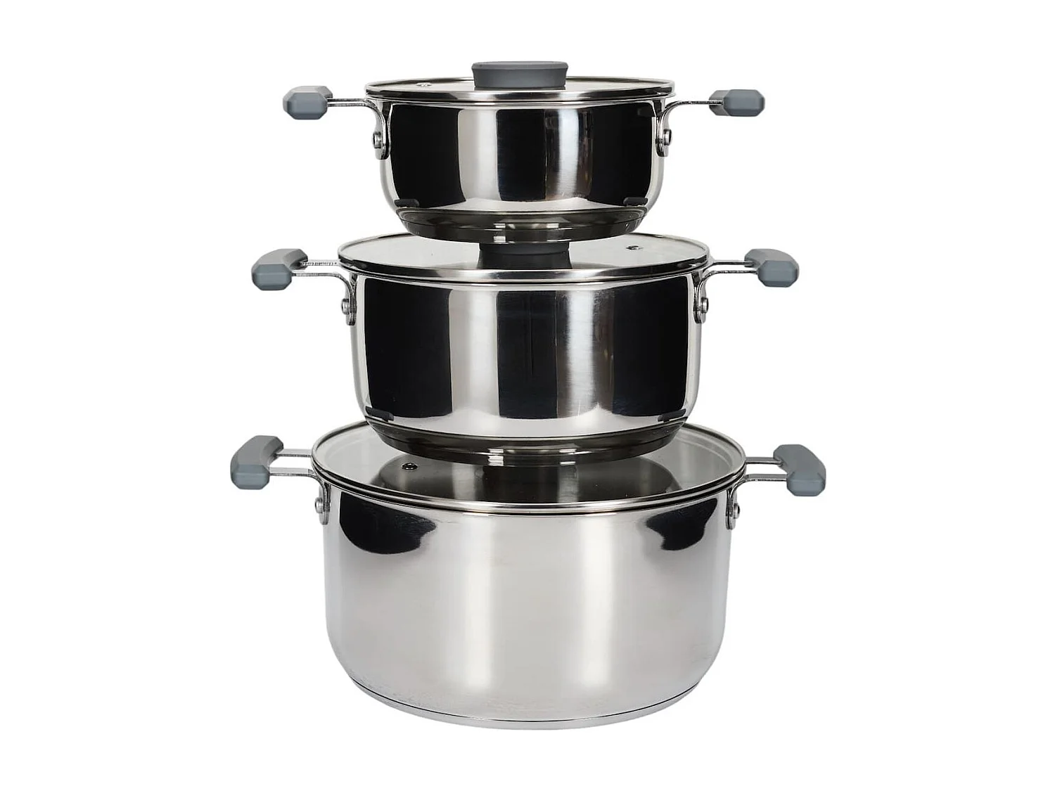 Ensemble de 3 faitouts tous feux dont induction en inox avec couvercles en verre 3 tailles 17, 21 et 25 cm