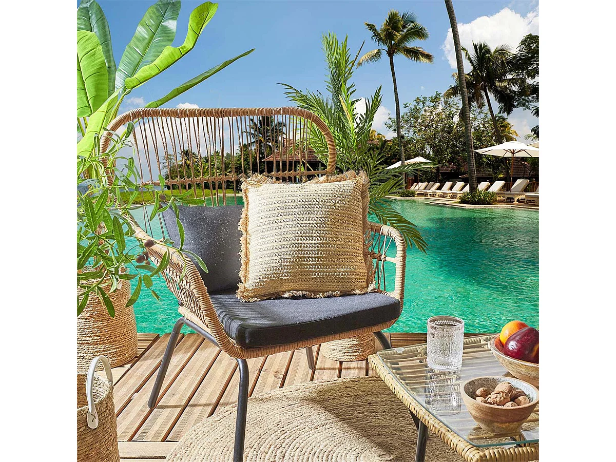 Coussin 40x40cm en Jute et Lin Tressé Doré avec Franges Déhoussable - SARRY