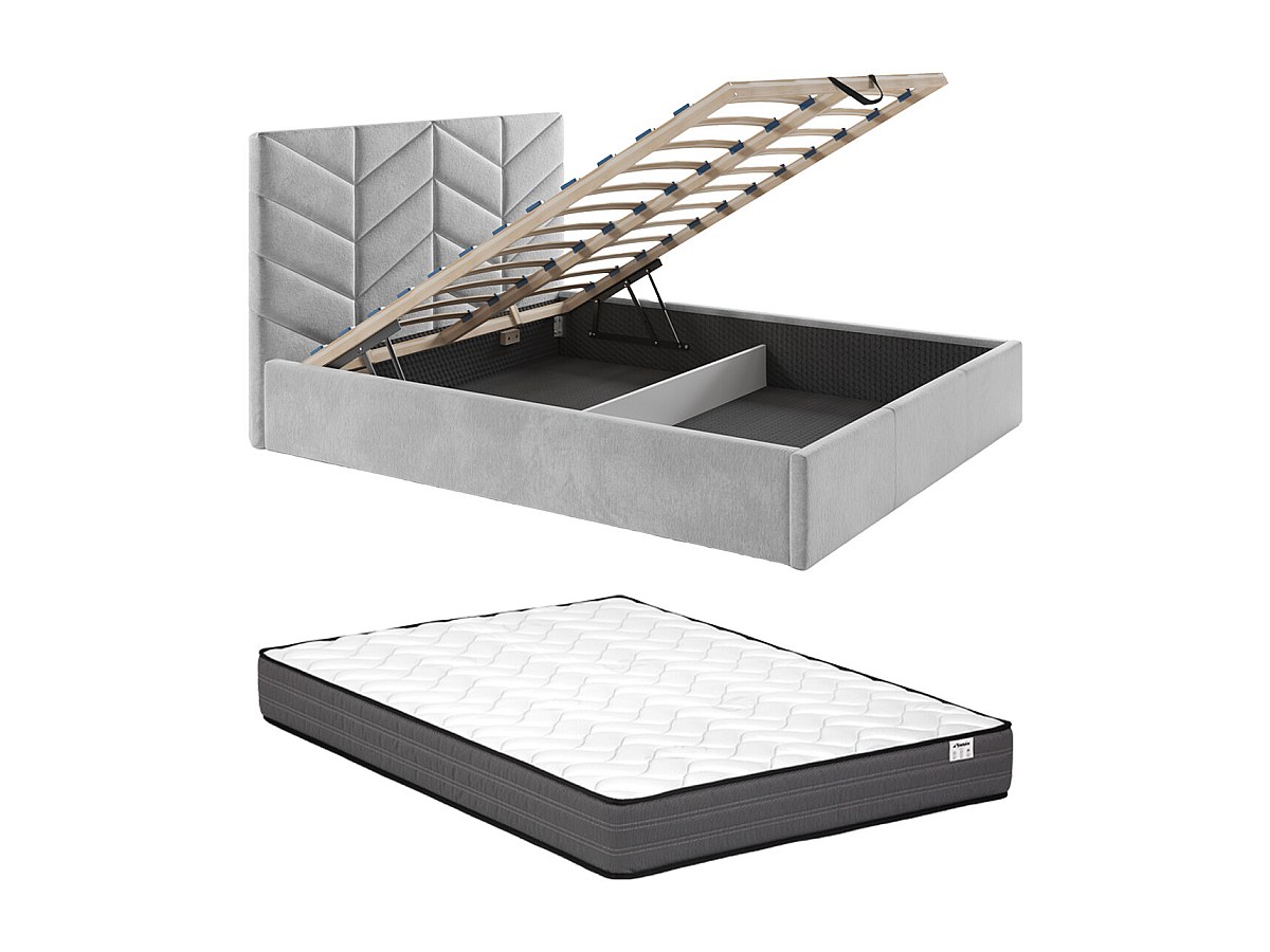 Stauraumbett + Matratze - 200 x 200 cm - Strukturstoff - Grau - JUSTANI günstig online kaufen