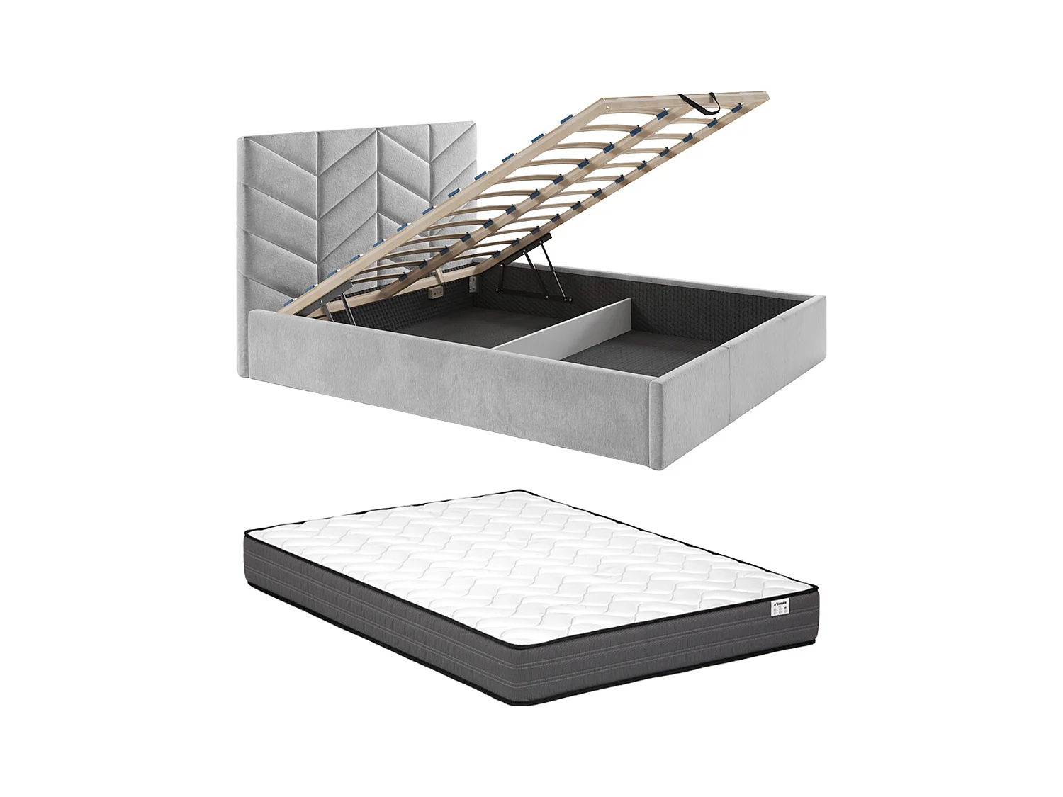 Lit coffre 200 x 200 cm - Tissu texturé - Gris + Matelas - JUSTANI