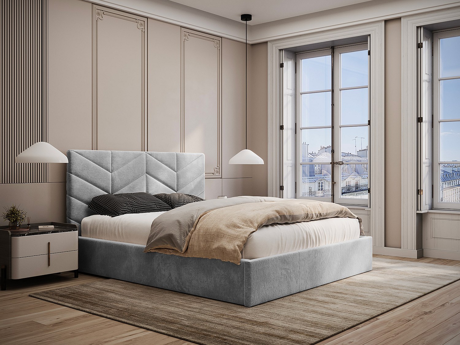 Stauraumbett + Matratze - 200 x 200 cm - Strukturstoff - Grau - JUSTANI günstig online kaufen