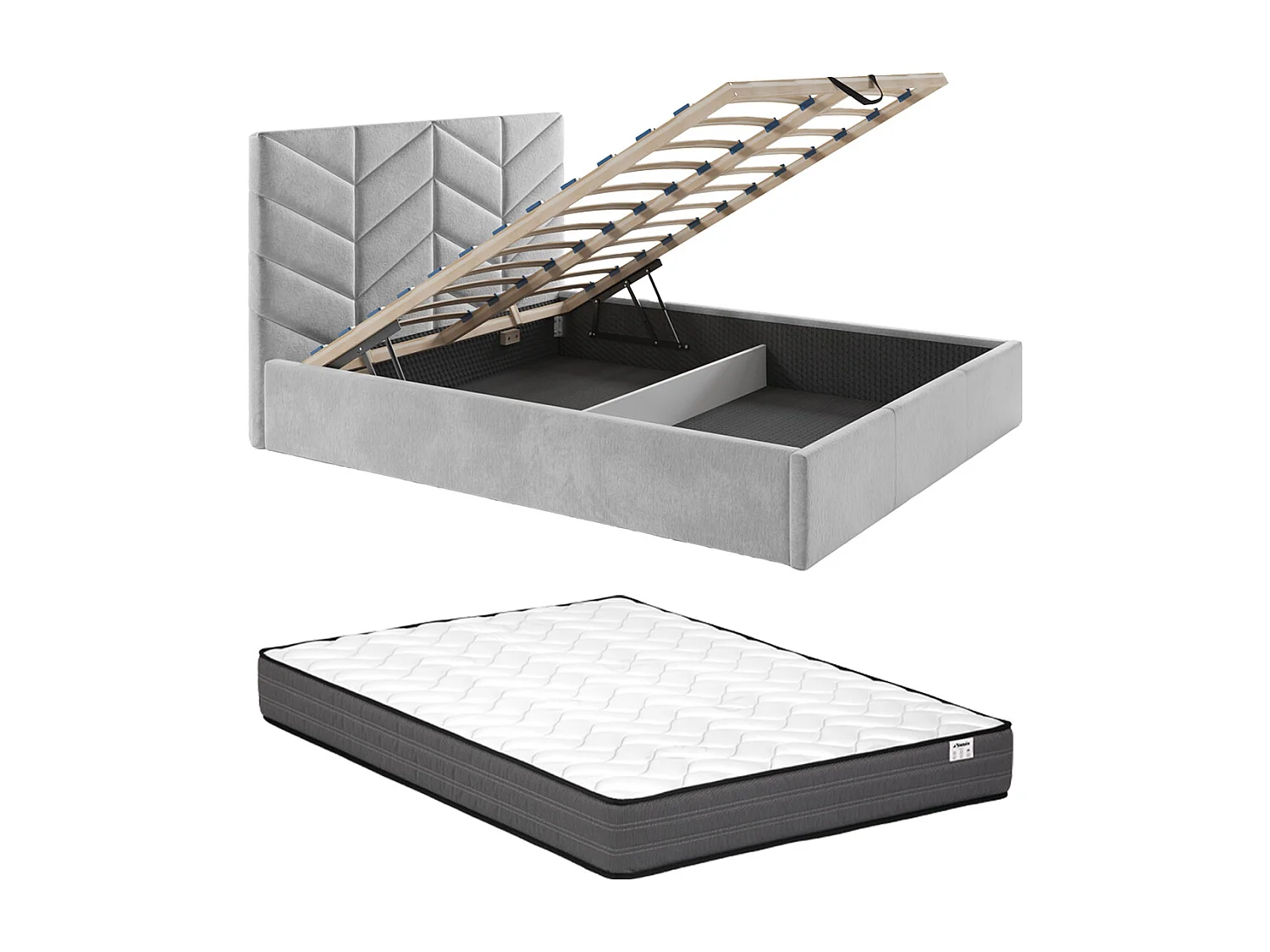 Lit coffre 200 x 200 cm - Tissu texturé - Gris + Matelas - JUSTANI