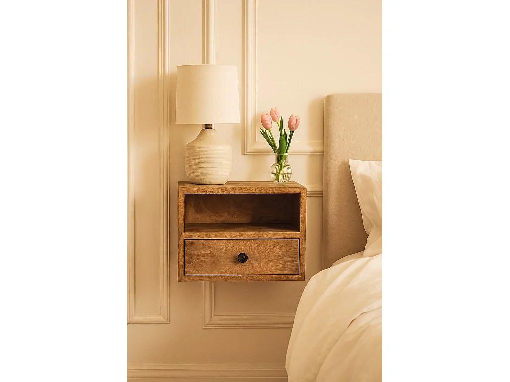 Artisan Furniture Drewniane Wiszące Nachtkastje Solis w Odcieniu Dębowym, 1 Szuflada i Otwarta Półka, Beżowe