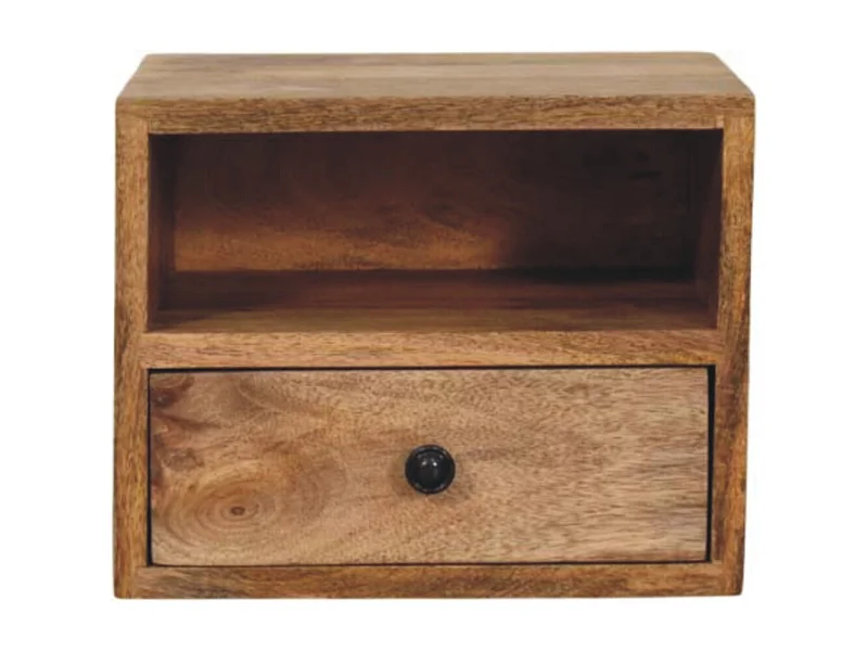 Artisan Furniture Massivholz Solis Wandmontiertes Nachttischchen in Eichenoptik, 1 Schublade und Offenes Fach, Beige