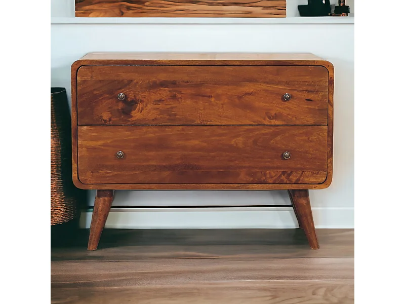 Artisan Furniture Massivholz Geschwungene Kommode aus Kastanienholz, 2 Schubladen, Dunkelbraun