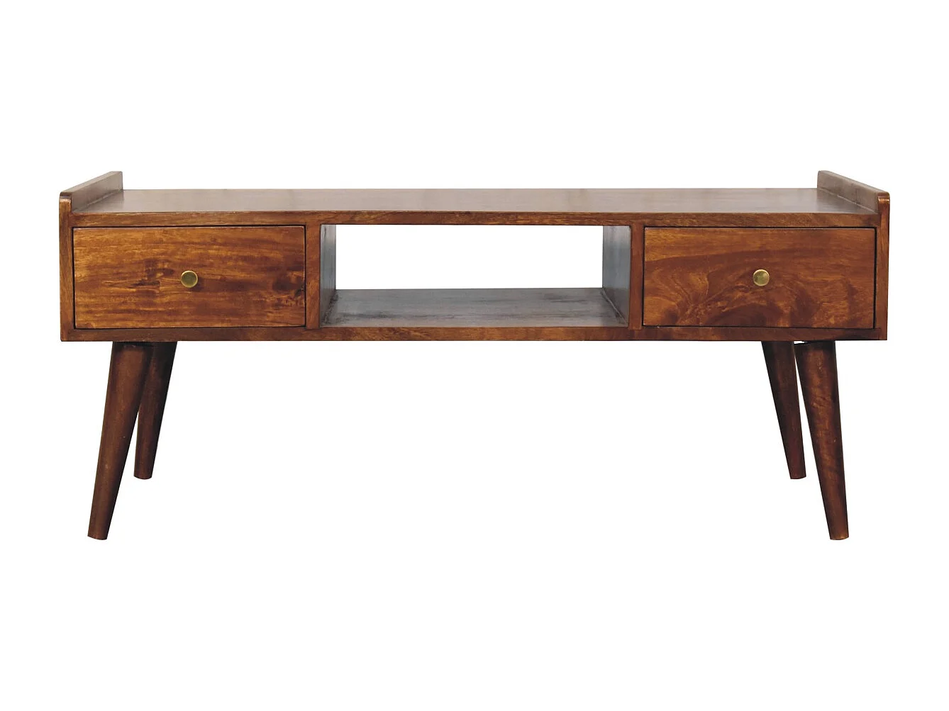 Artisan Furniture Drewniana Podwyższona Szafka RTV Kasztanowa, 4 Szuflady i Otwarta Półka, Ciemnobrązowa