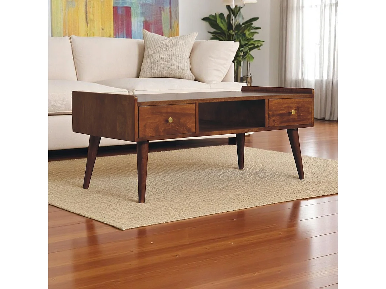 Artisan Furniture Massivholz Erhöhtes Medienmöbel aus Kastanienholz, 4 Schubladen und Offenes Fach, Dunkelbraun