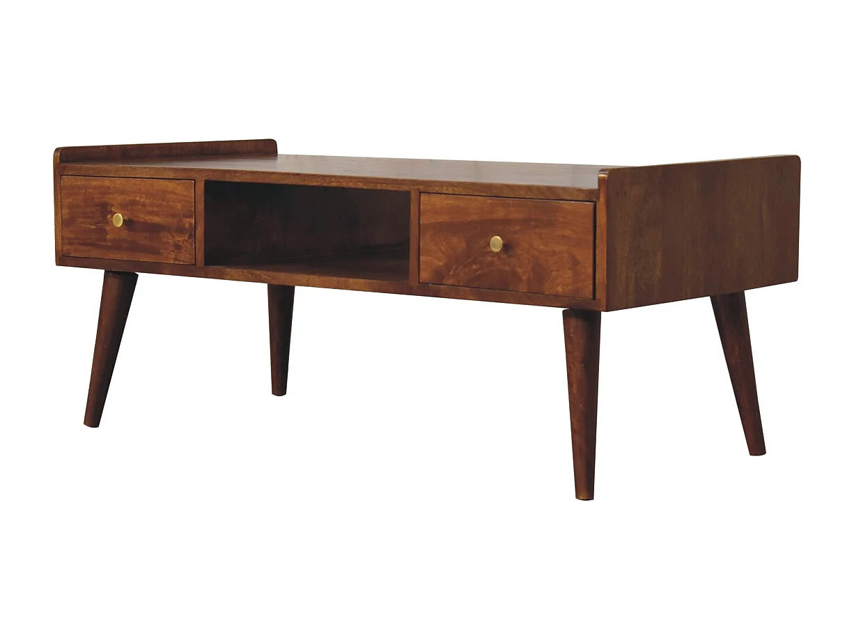 Artisan Furniture Massivholz Erhöhtes Medienmöbel aus Kastanienholz, 4 Schubladen und Offenes Fach, Dunkelbraun