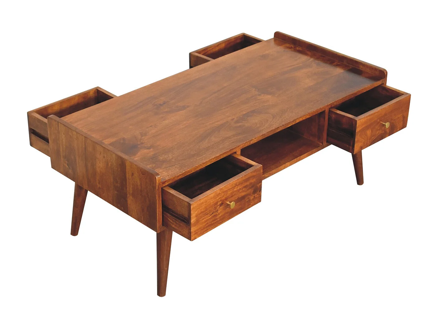 Artisan Furniture Massivholz Erhöhtes Medienmöbel aus Kastanienholz, 4 Schubladen und Offenes Fach, Dunkelbraun