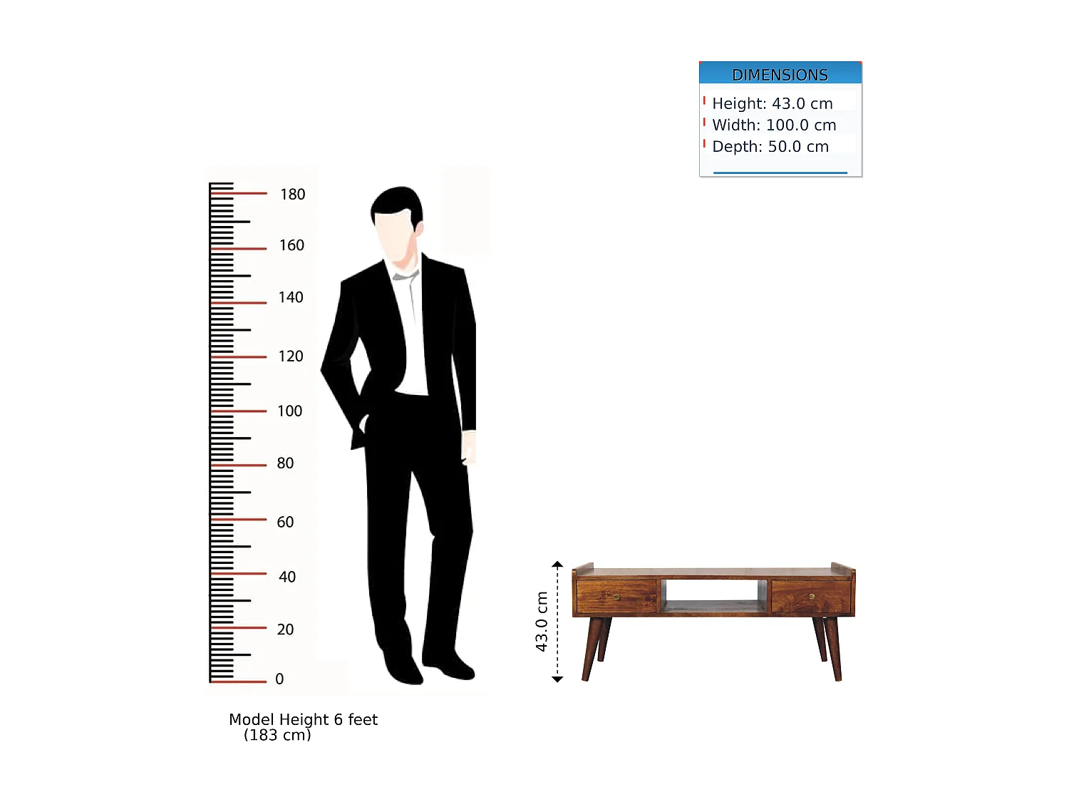 Artisan Furniture Massivholz Erhöhtes Medienmöbel aus Kastanienholz, 4 Schubladen und Offenes Fach, Dunkelbraun