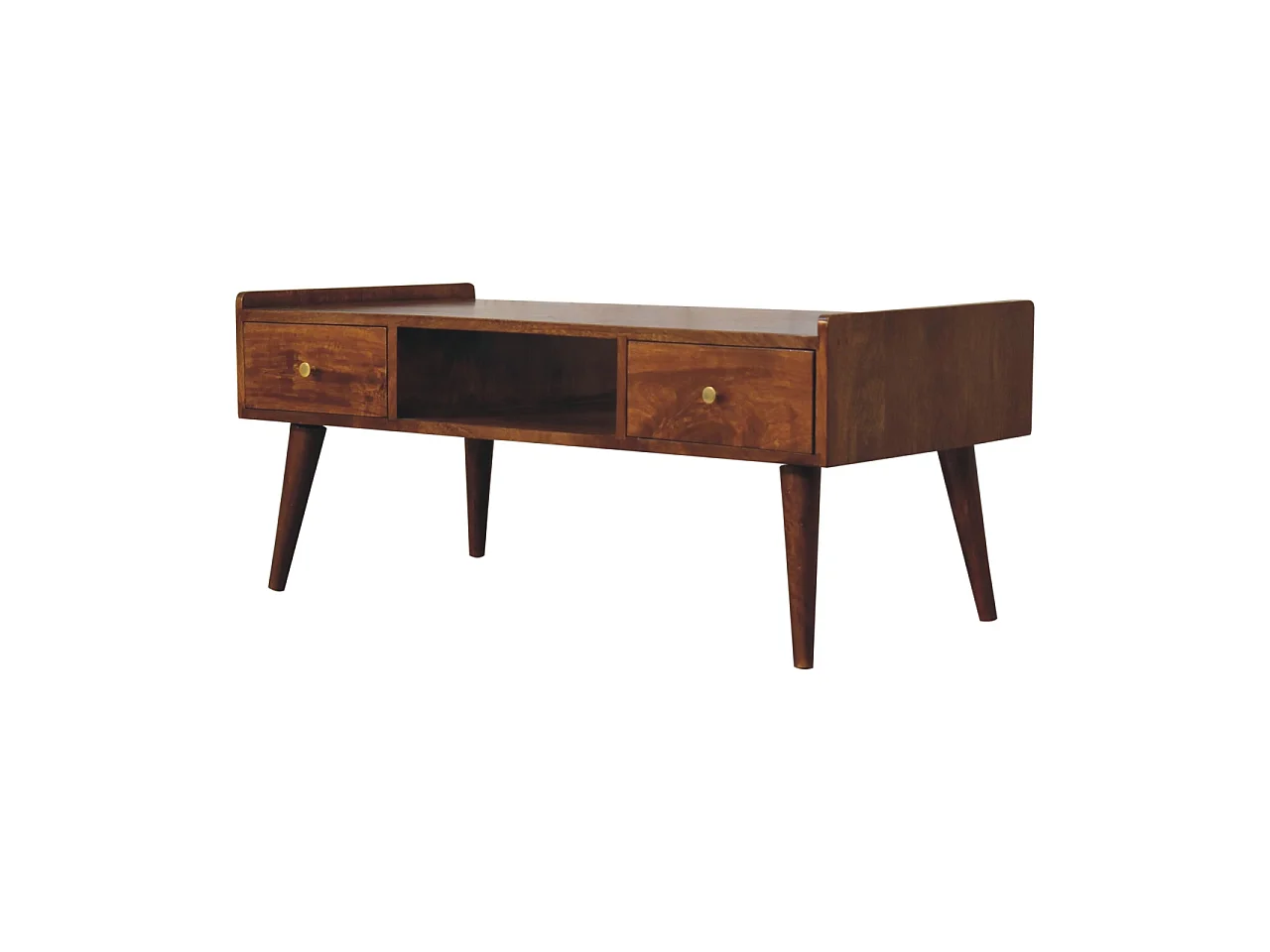 Stolik kawowy firmy Artisan Furniture z podniesionymi nogami, wykończeniem w kolorze kasztanowym, 2 szufladami i 1 półką.