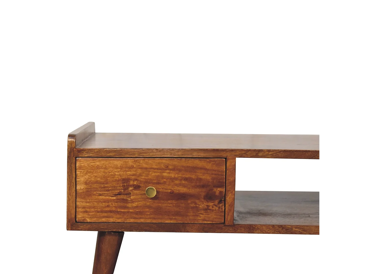 Stolik kawowy firmy Artisan Furniture z podniesionymi nogami, wykończeniem w kolorze kasztanowym, 2 szufladami i 1 półką.