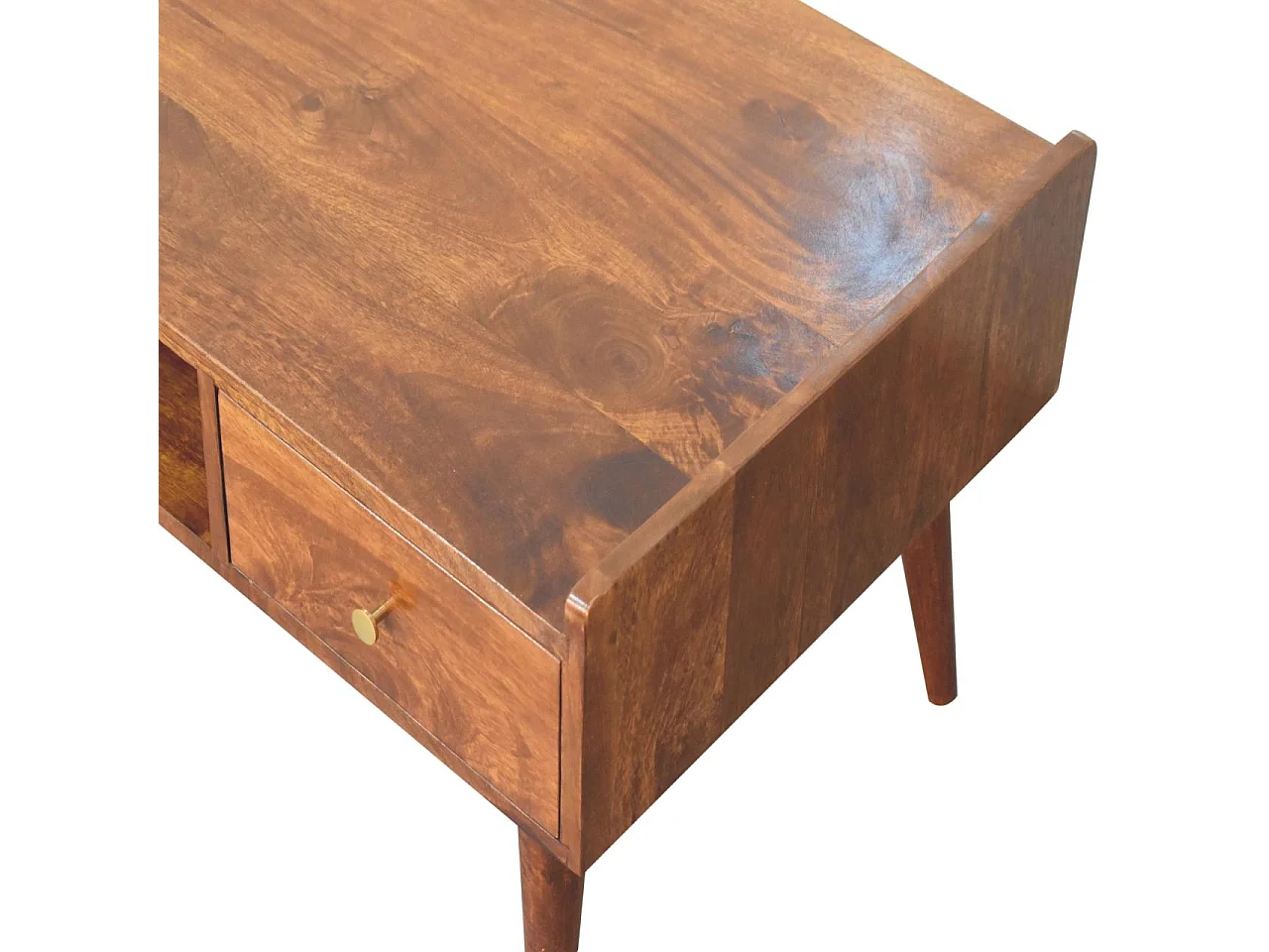 Stolik kawowy firmy Artisan Furniture z podniesionymi nogami, wykończeniem w kolorze kasztanowym, 2 szufladami i 1 półką.